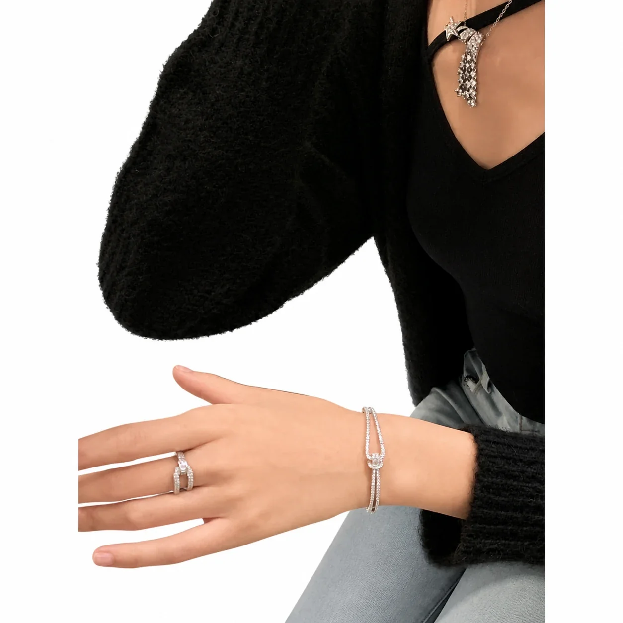 Sculptural Silver-Plated Pavé Open Knot Copper Ring