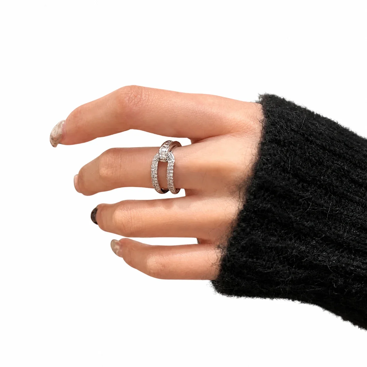 Sculptural Silver-Plated Pavé Open Knot Copper Ring - Silver