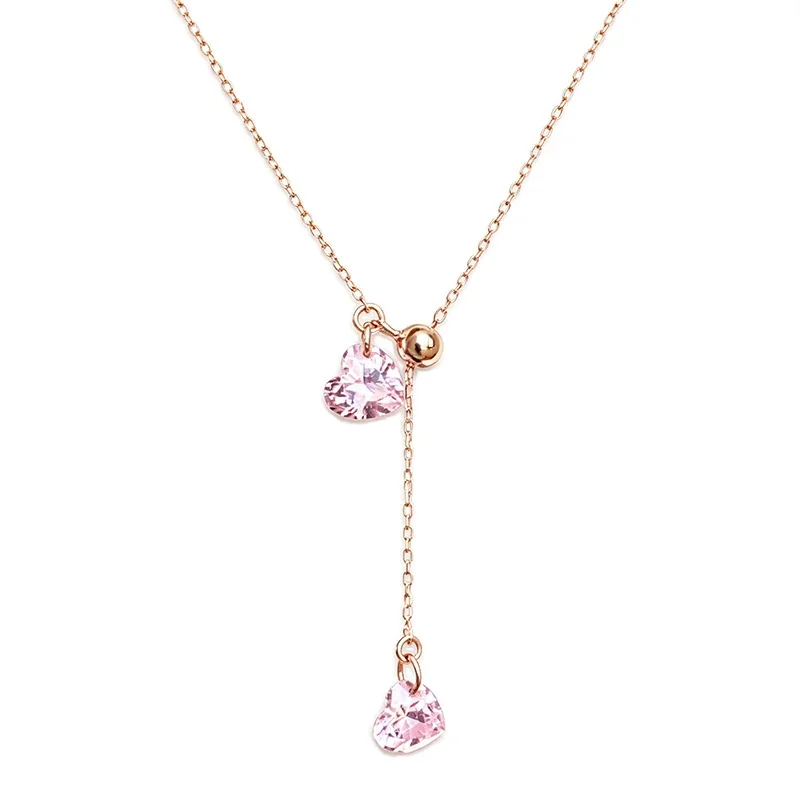 Delicate 925 Sterling Silver Pink Heart Y-Drop Necklace