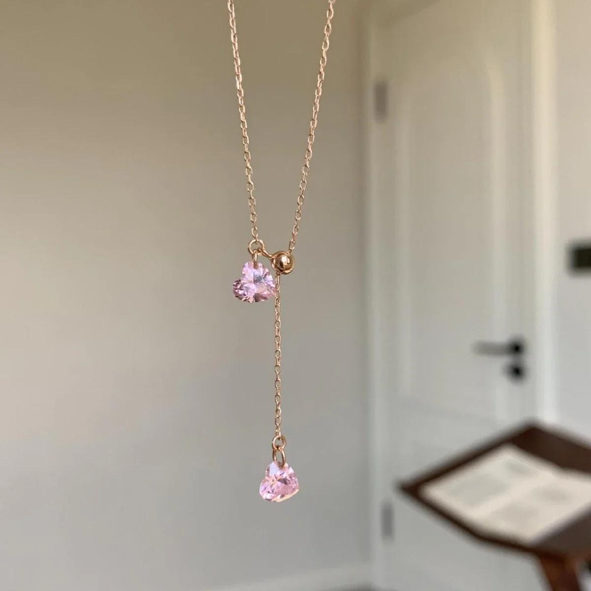 Delicate 925 Sterling Silver Pink Heart Y-Drop Necklace