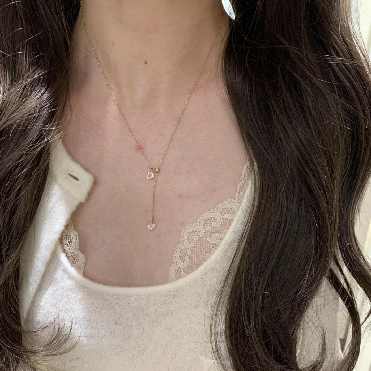 Delicate 925 Sterling Silver Pink Heart Y-Drop Necklace
