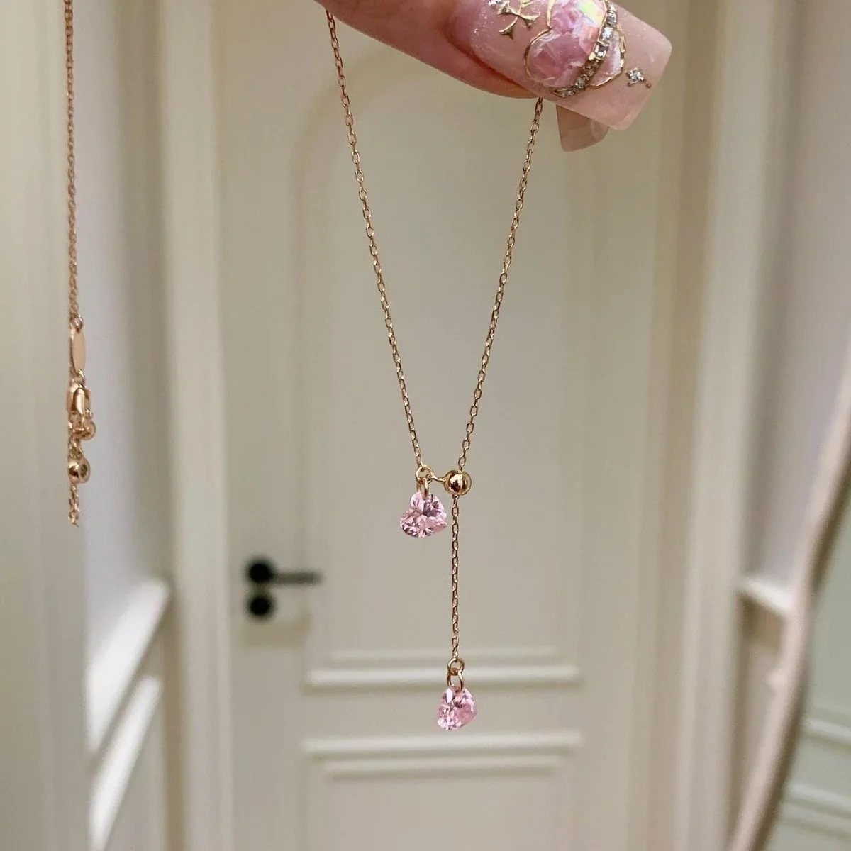 Delicate 925 Sterling Silver Pink Heart Y-Drop Necklace