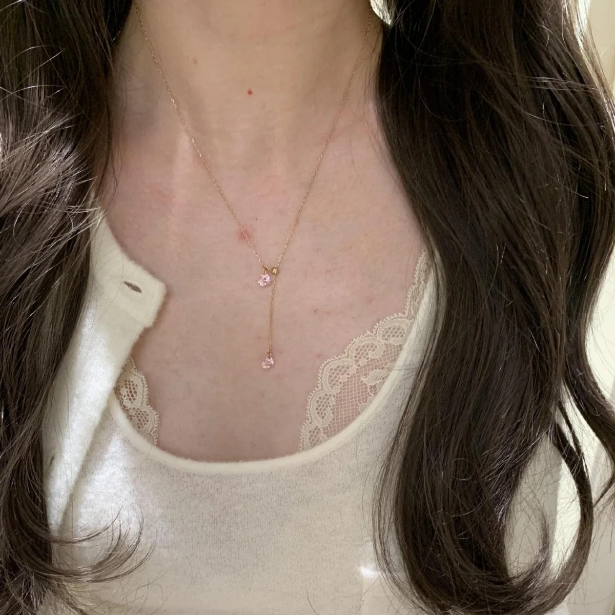 Delicate 925 Sterling Silver Pink Heart Y-Drop Necklace