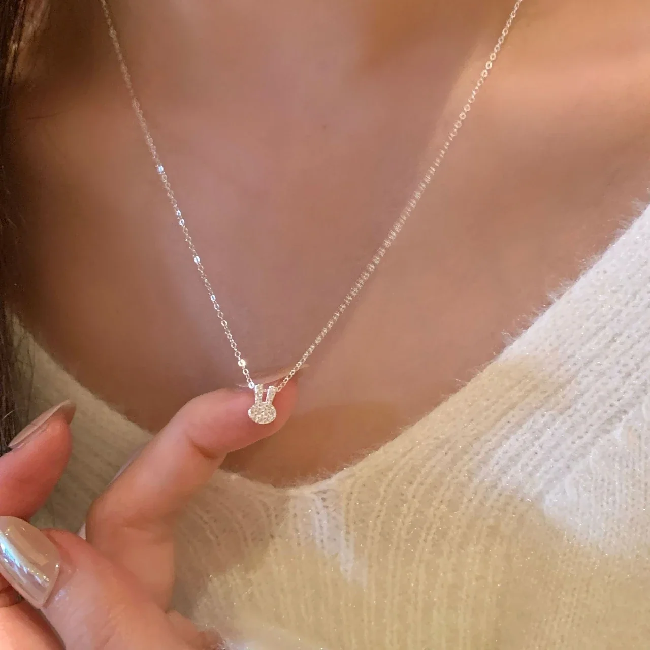 Dainty 925 Sterling Silver Pavé Rabbit Pendant Necklace