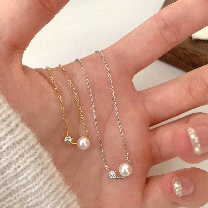 Curved Pearl and Round Crystal 925 Sterling Silver Necklace