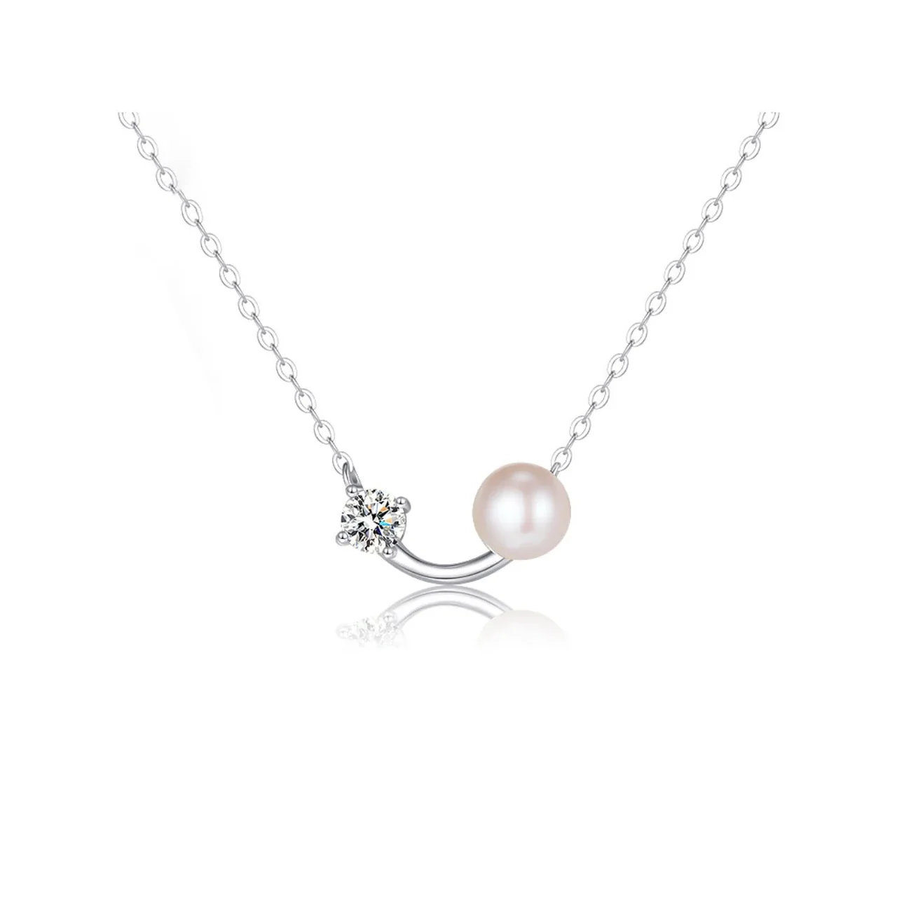 Curved Pearl and Round Crystal 925 Sterling Silver Necklace - Gold