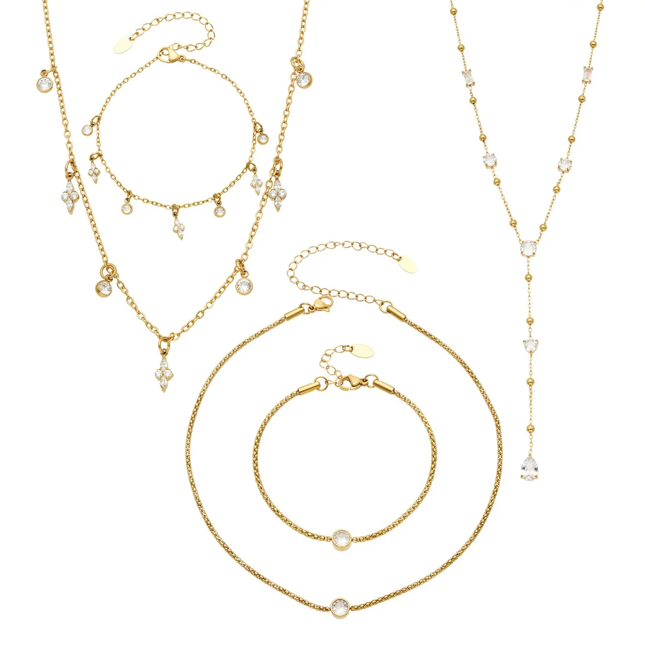 Delicate Gold-Plated CZ Drop Charm Stainless Steel Bracelet