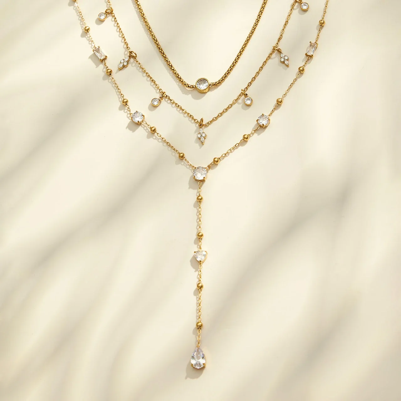 Delicate Gold-Plated CZ Drop Charm Stainless Steel Bracelet