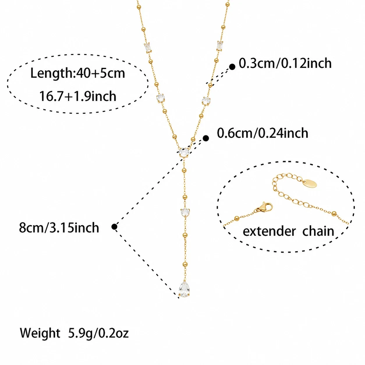 Delicate Gold-Plated CZ Drop Charm Stainless Steel Bracelet - Gold Teardrop CZ 40+5 cm