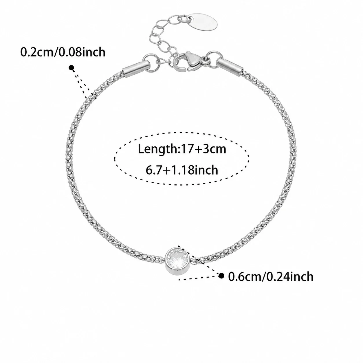 Delicate Gold-Plated CZ Drop Charm Stainless Steel Bracelet - Silver CZ 17+3 cm