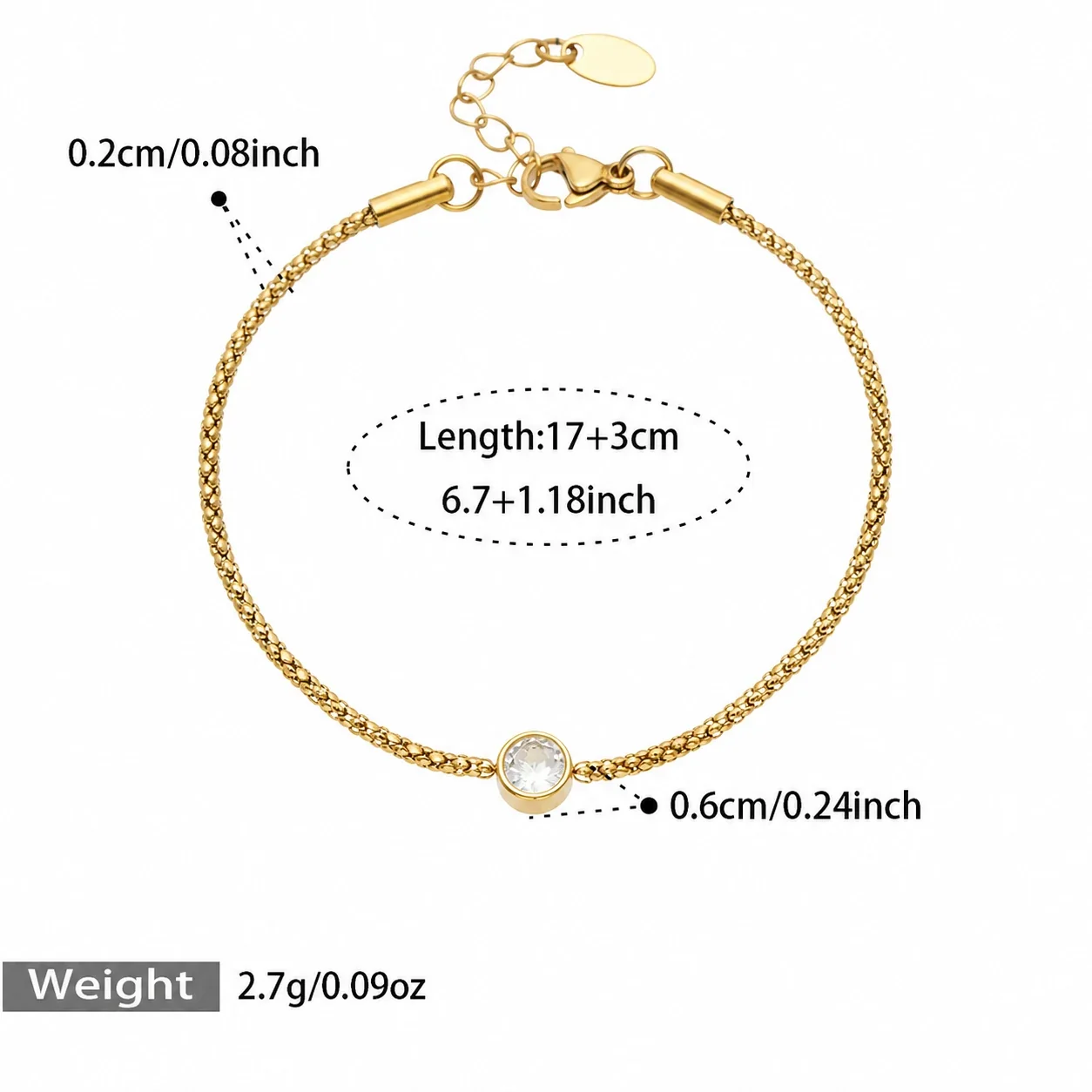 Delicate Gold-Plated CZ Drop Charm Stainless Steel Bracelet - Gold CZ 17+3 cm