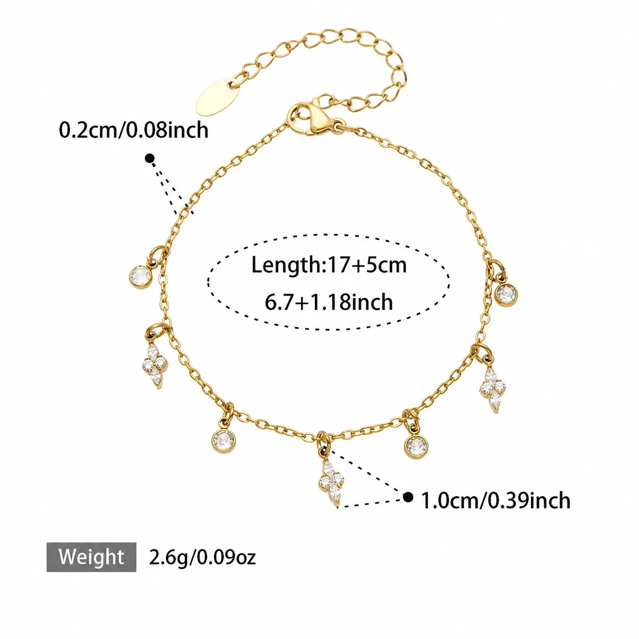 Delicate Gold-Plated CZ Drop Charm Stainless Steel Bracelet - Gold Multi CZ 17+5 cm