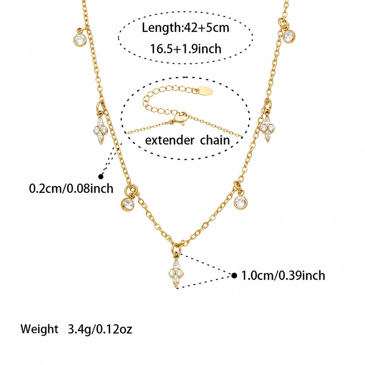 Delicate Gold-Plated CZ Drop Charm Stainless Steel Bracelet - Gold Multi CZ 42+5 cm