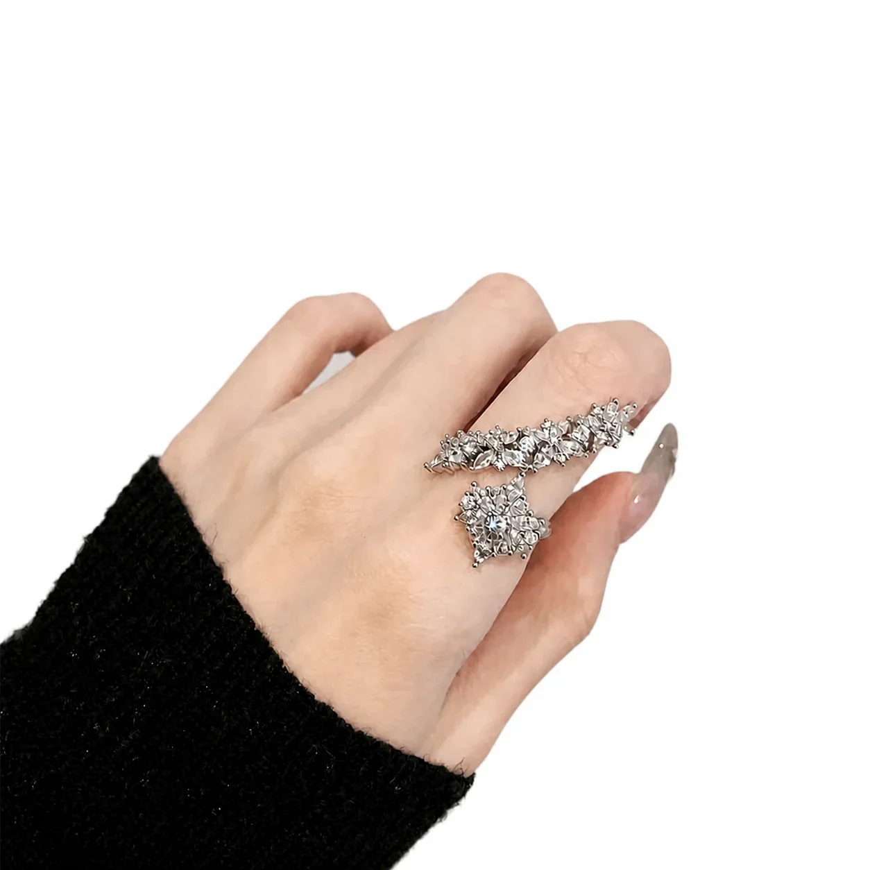 Ornate Silver-Plated Floral Crystal Open Copper Ring
