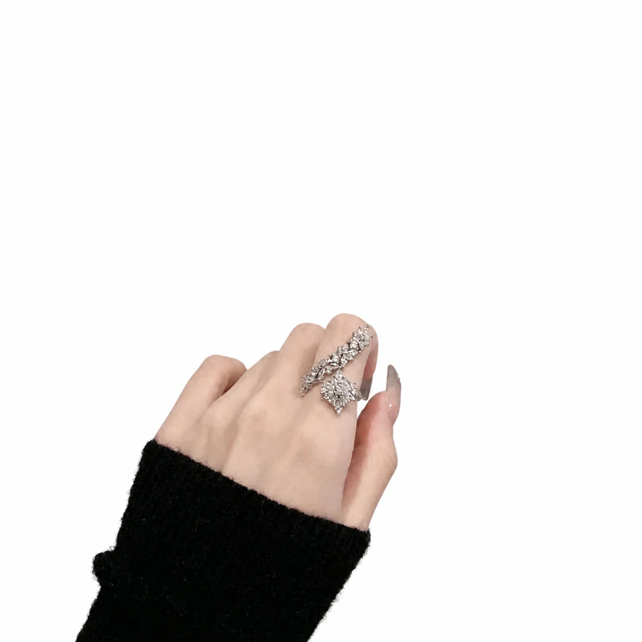 Ornate Silver-Plated Floral Crystal Open Copper Ring