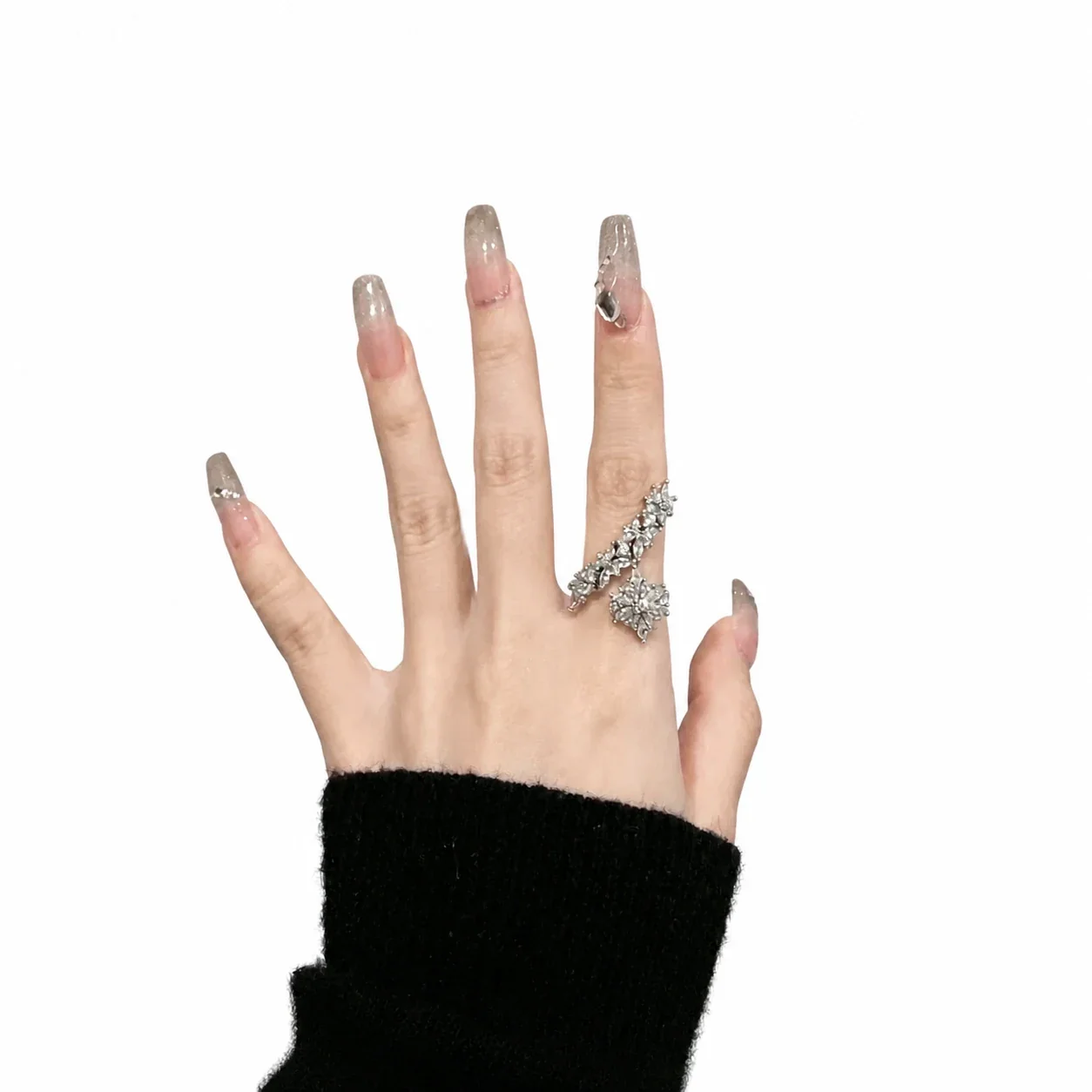 Ornate Silver-Plated Floral Crystal Open Copper Ring