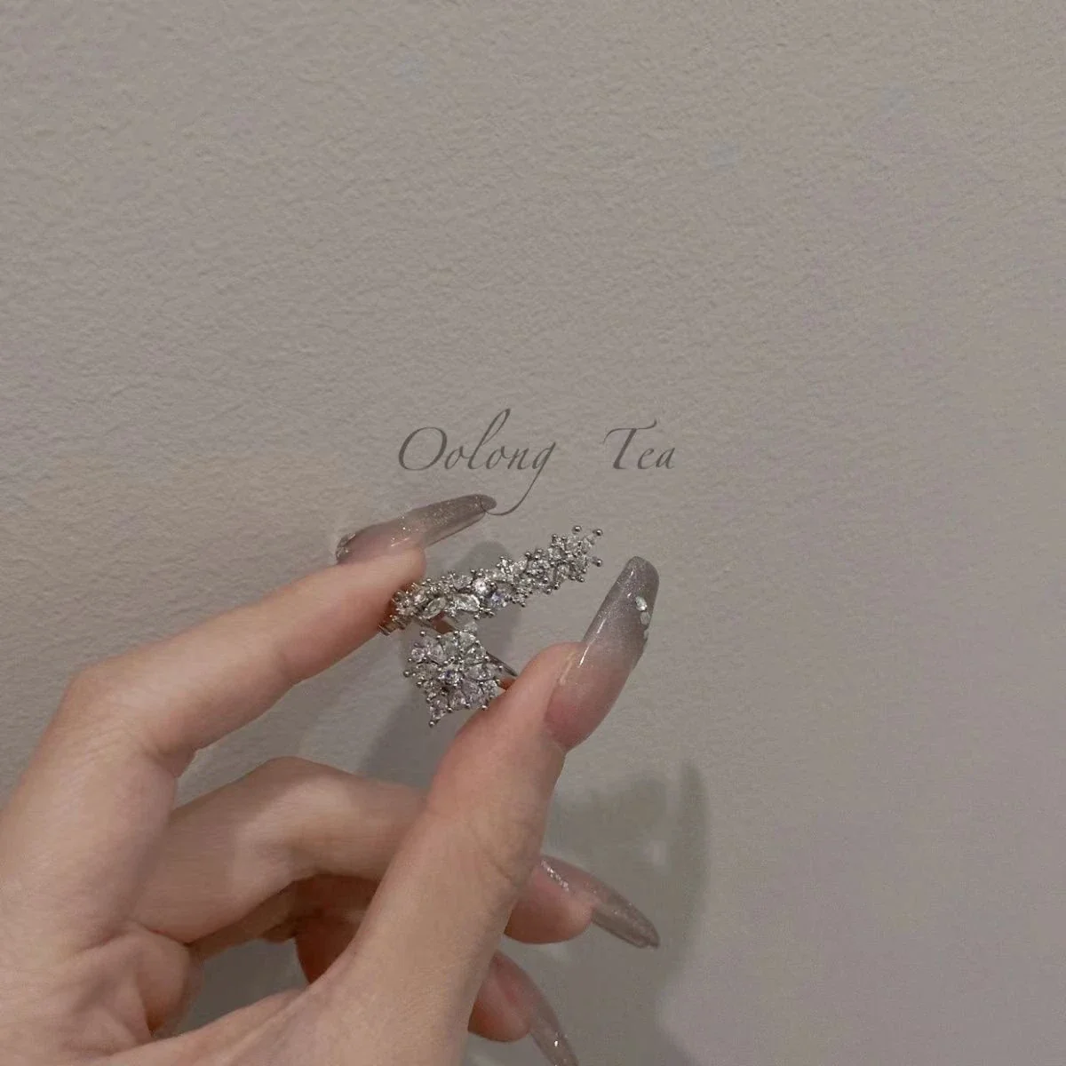 Ornate Silver-Plated Floral Crystal Open Copper Ring