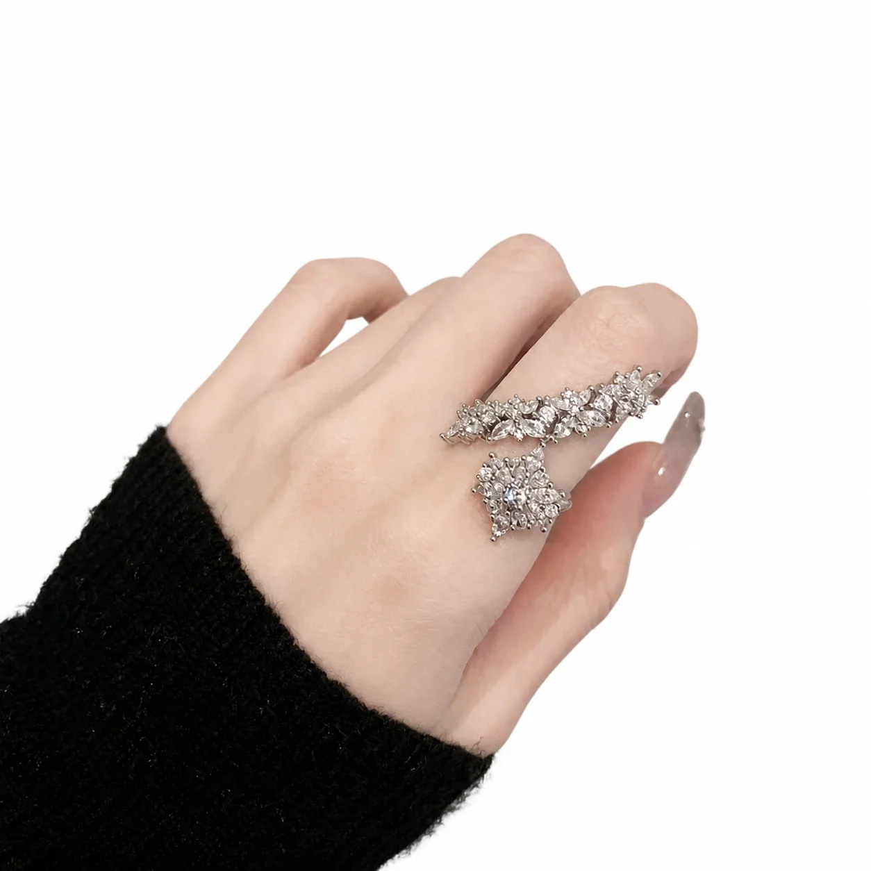 Ornate Silver-Plated Floral Crystal Open Copper Ring - Silver