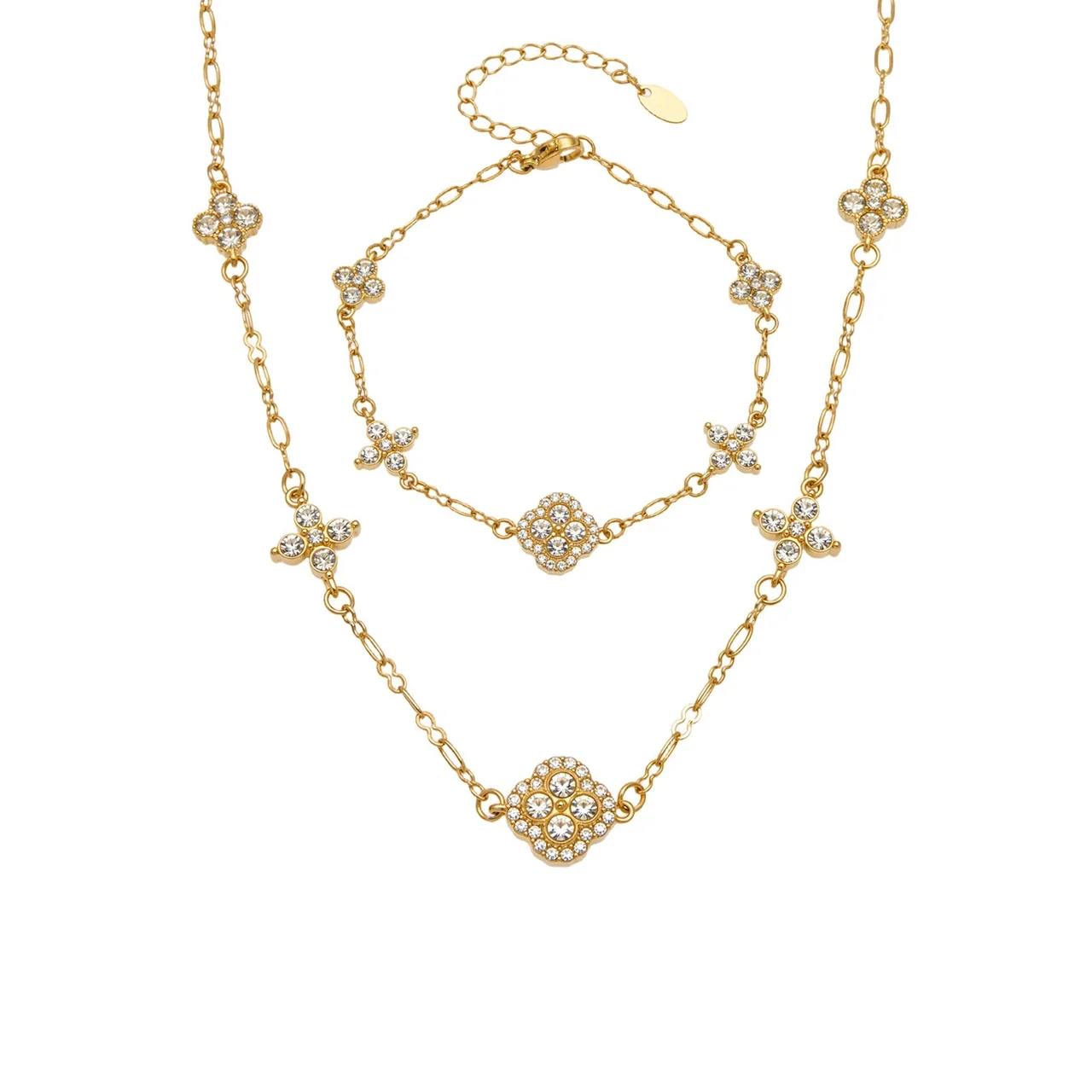 Radiant Gold-Plated Stainless Steel Clover CZ Chain Bracelet