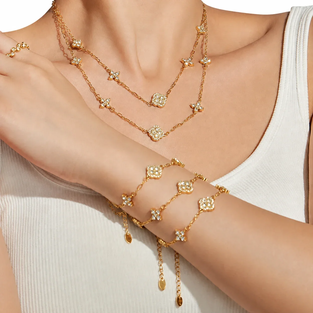 Radiant Gold-Plated Stainless Steel Clover CZ Chain Bracelet