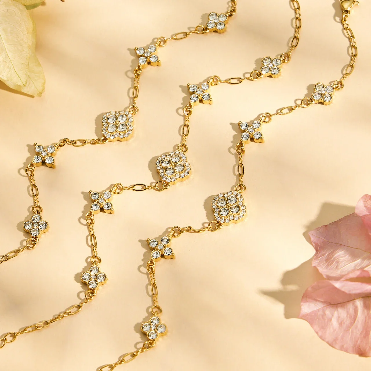 Radiant Gold-Plated Stainless Steel Clover CZ Chain Bracelet