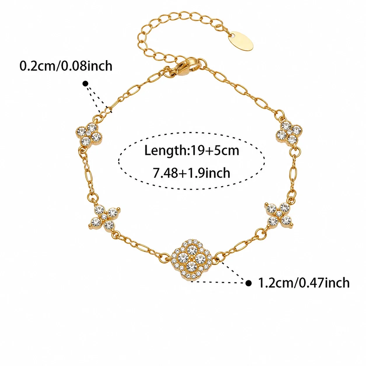 Radiant Gold-Plated Stainless Steel Clover CZ Chain Bracelet - Gold CZ 19+5 cm