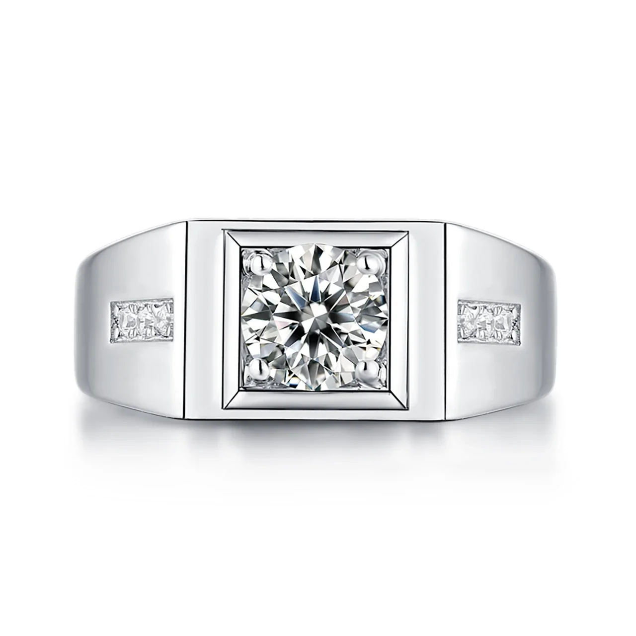 Geometric 925 Sterling Silver Framed Round Moissanite Signet Ring