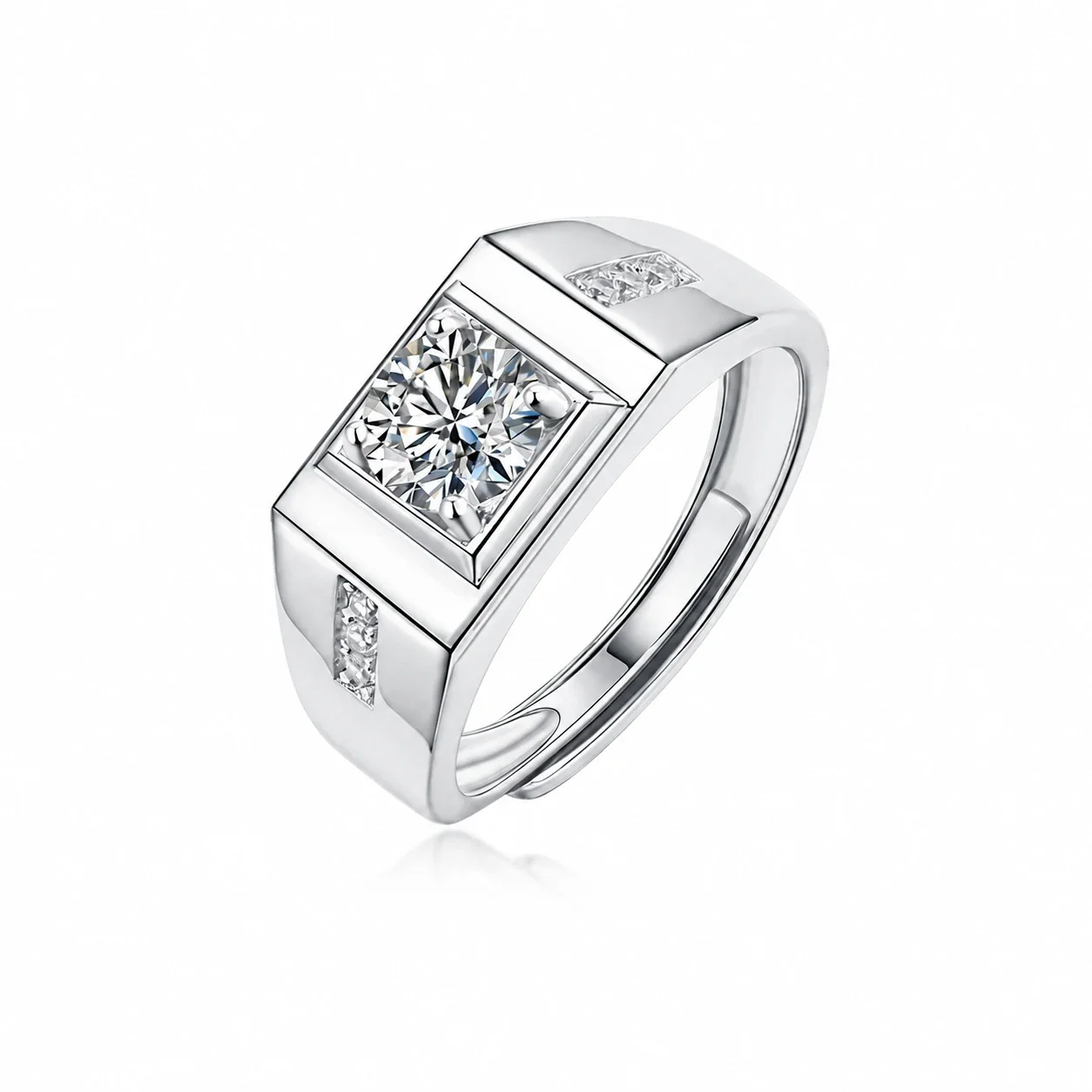 Geometric 925 Sterling Silver Framed Round Moissanite Signet Ring