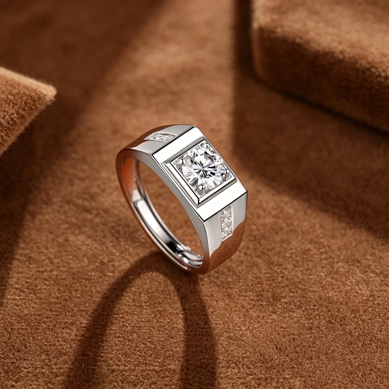 Geometric 925 Sterling Silver Framed Round Moissanite Signet Ring