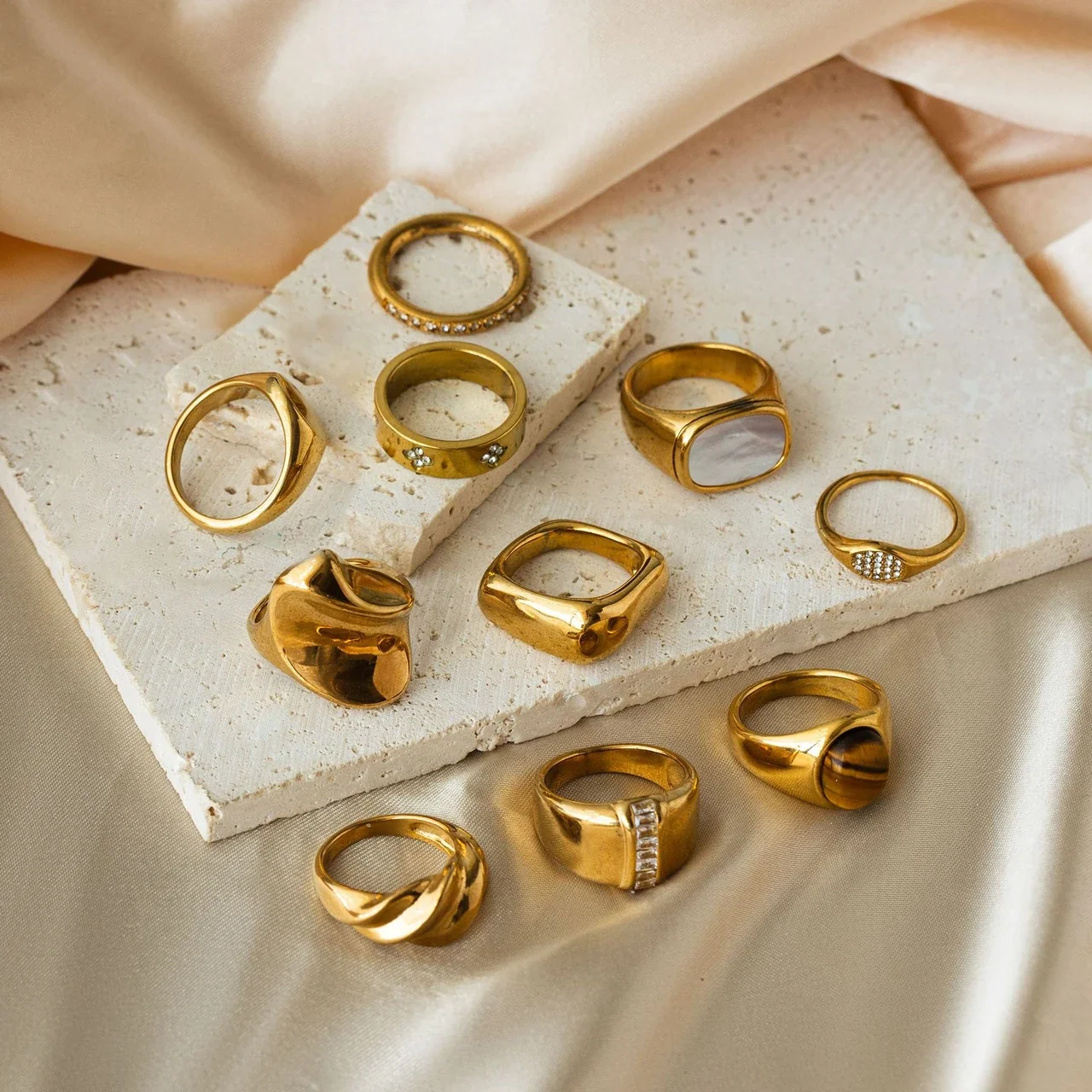 Sculptural 18K Gold-Plated Baguette Stone Wide-Band Ring