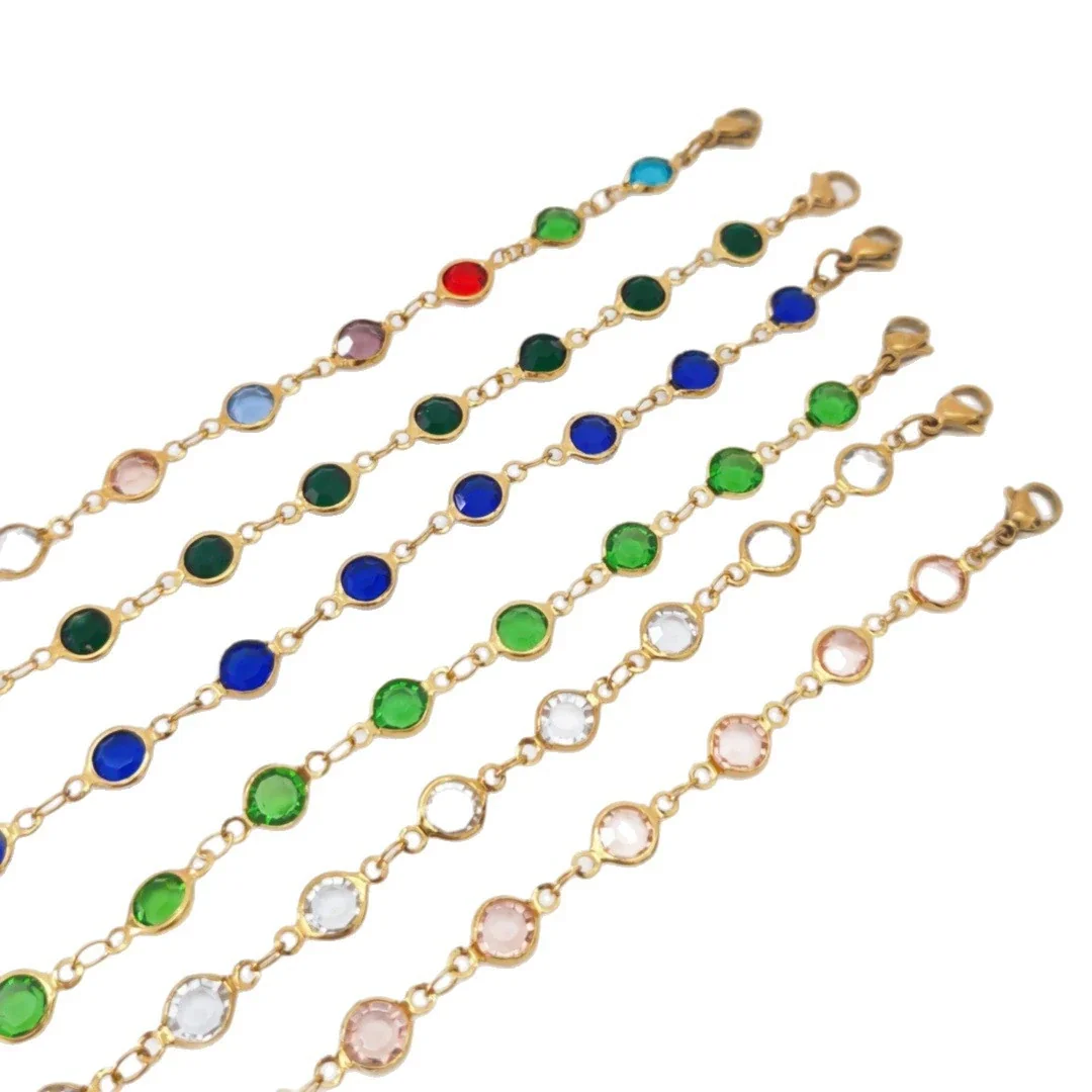 Vibrant Stainless Steel Round Glass Bezel-Set Anklet
