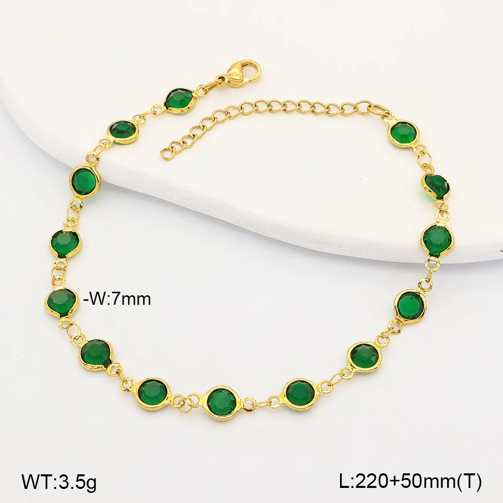 Vibrant Stainless Steel Round Glass Bezel-Set Anklet - Dark Green