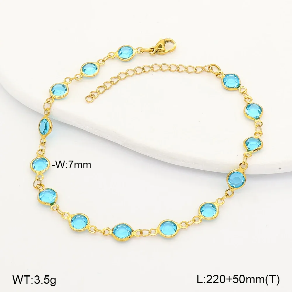 Vibrant Stainless Steel Round Glass Bezel-Set Anklet - Sky Blue