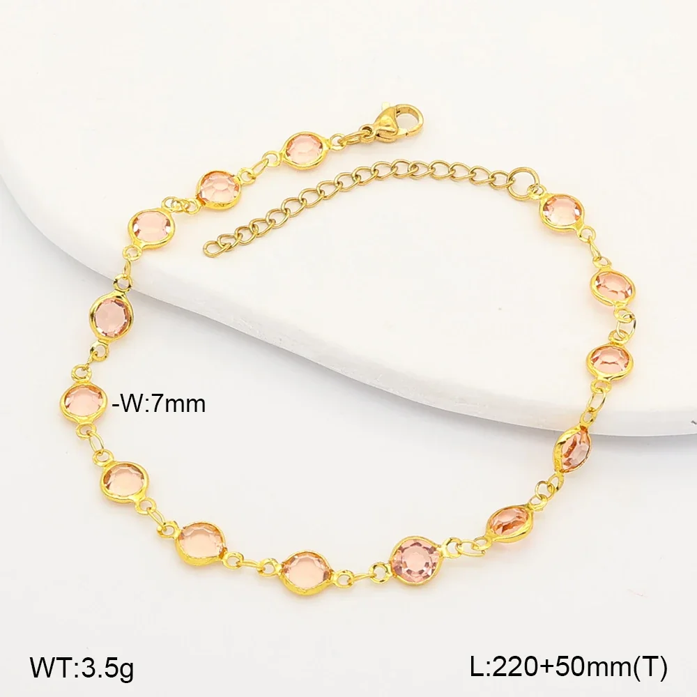 Vibrant Stainless Steel Round Glass Bezel-Set Anklet - Dusty Pink