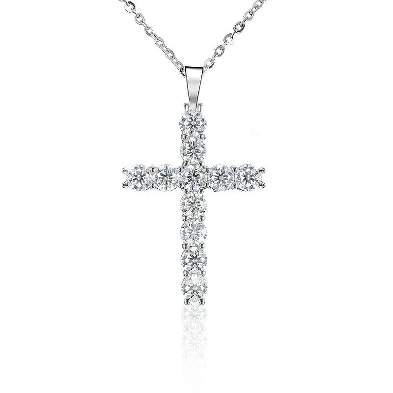 Luminous 925 Sterling Silver Round Prong-Set Cross Moissanite Necklace