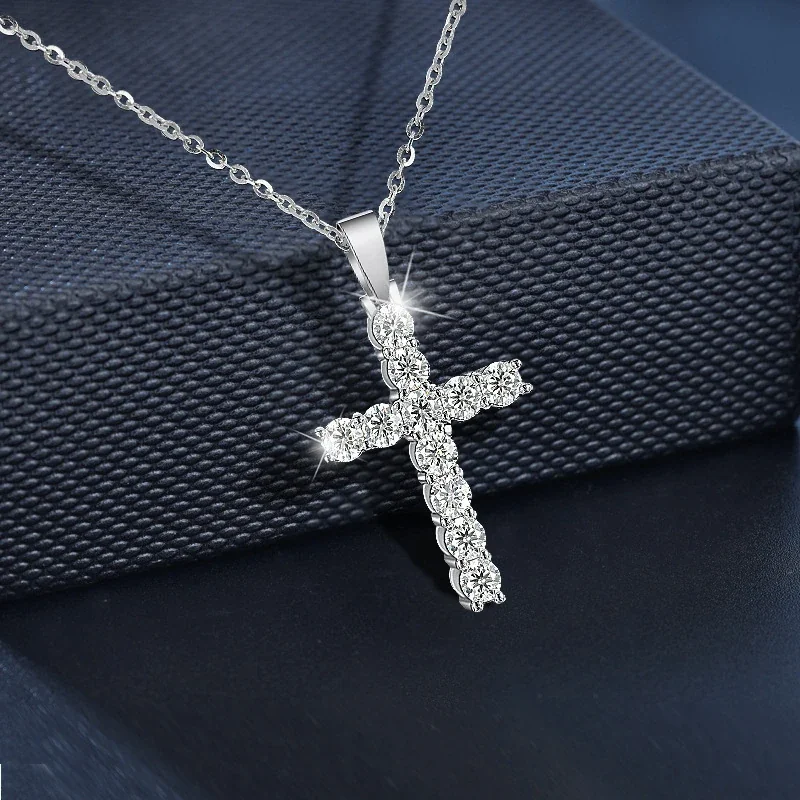 Luminous 925 Sterling Silver Round Prong-Set Cross Necklace