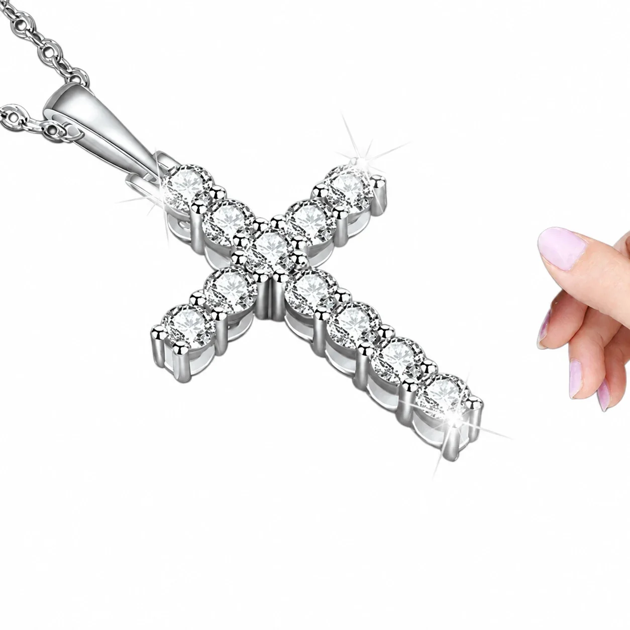 Luminous 925 Sterling Silver Round Prong-Set Cross Necklace