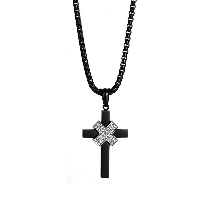 Bold Stainless Steel Pavé X-Center Box Chain Cross Necklace