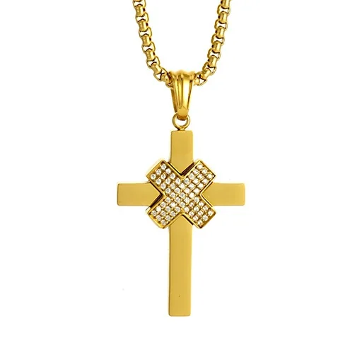 Bold Stainless Steel Pavé X-Center Box Chain Cross Necklace