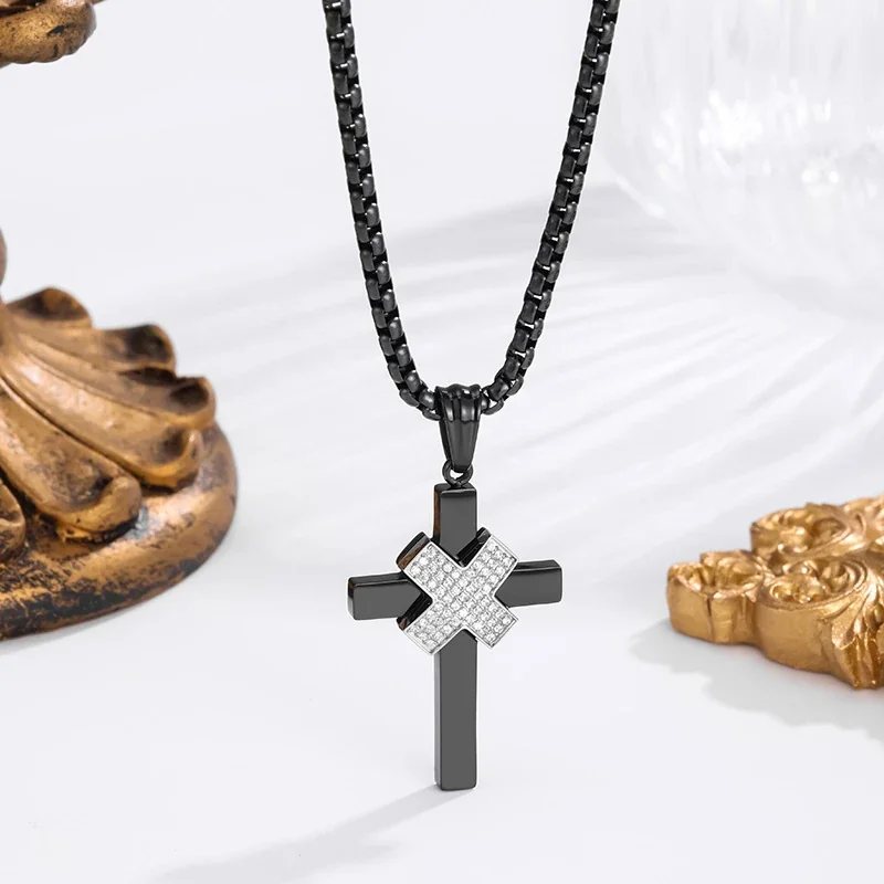 Bold Stainless Steel Pavé X-Center Box Chain Cross Necklace