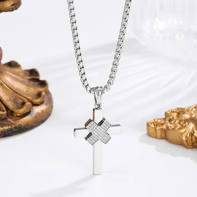 Bold Stainless Steel Pavé X-Center Box Chain Cross Necklace
