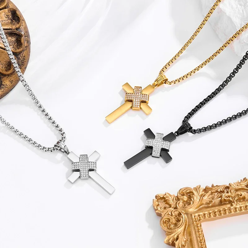 Bold Stainless Steel Pavé X-Center Box Chain Cross Necklace