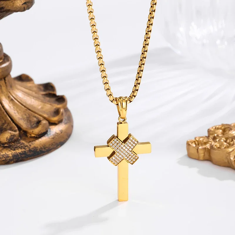 Bold Stainless Steel Pavé X-Center Box Chain Cross Necklace - Gold Pavé