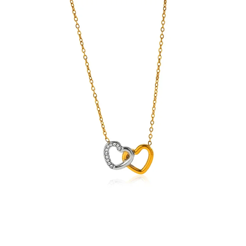 Interlocked Stainless Steel Pavé Double-Heart Necklace
