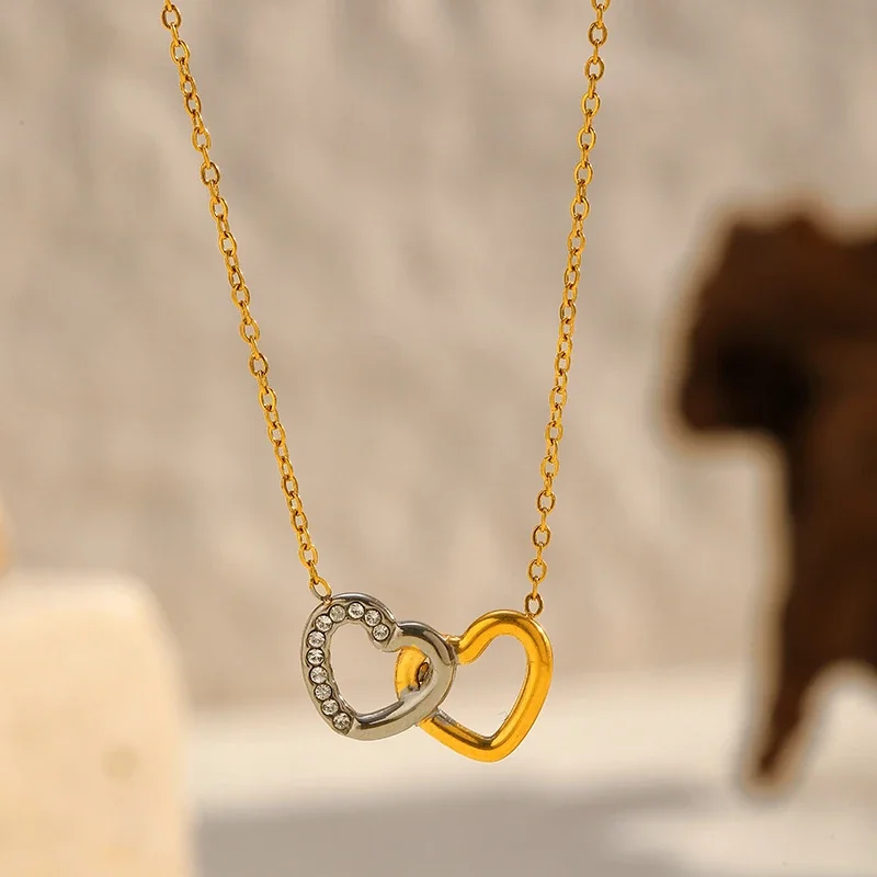 Interlocked Stainless Steel Pavé Double-Heart Necklace