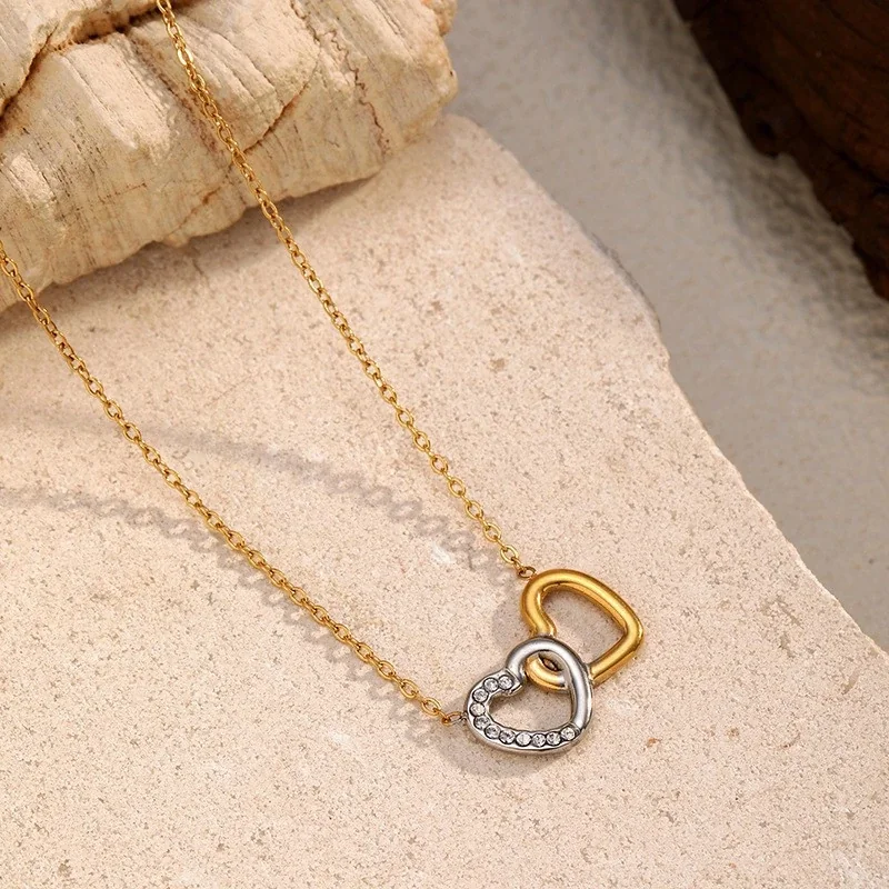 Interlocked Stainless Steel Pavé Double-Heart Necklace