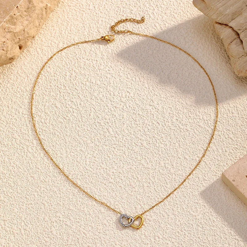 Interlocked Stainless Steel Pavé Double-Heart Necklace