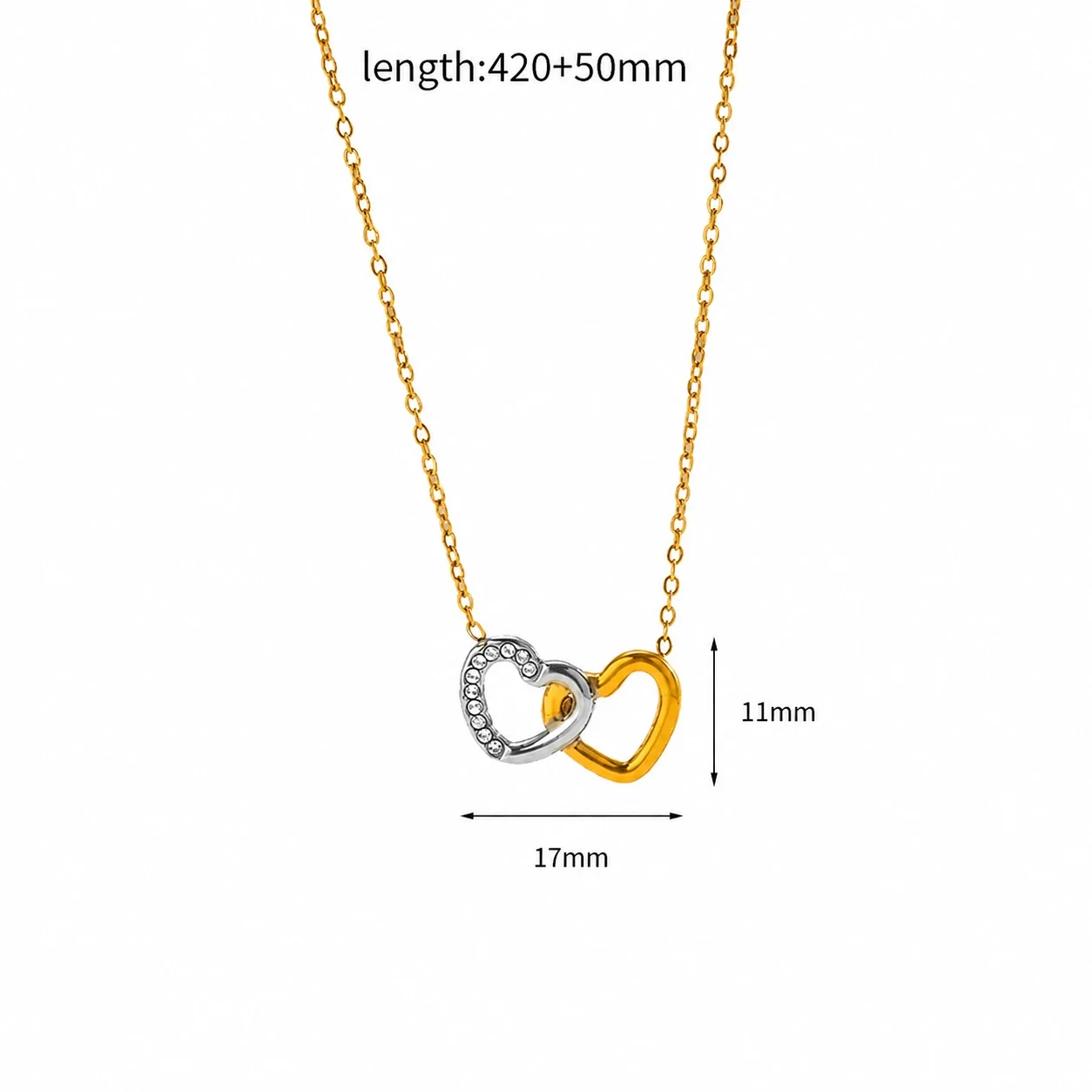 Interlocked Stainless Steel Pavé Double-Heart Necklace - Gold