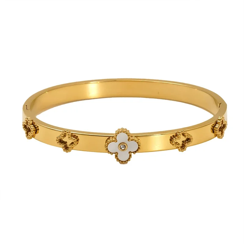 Ornate Gold-Plated Stainless Steel Clover Heart Bangle