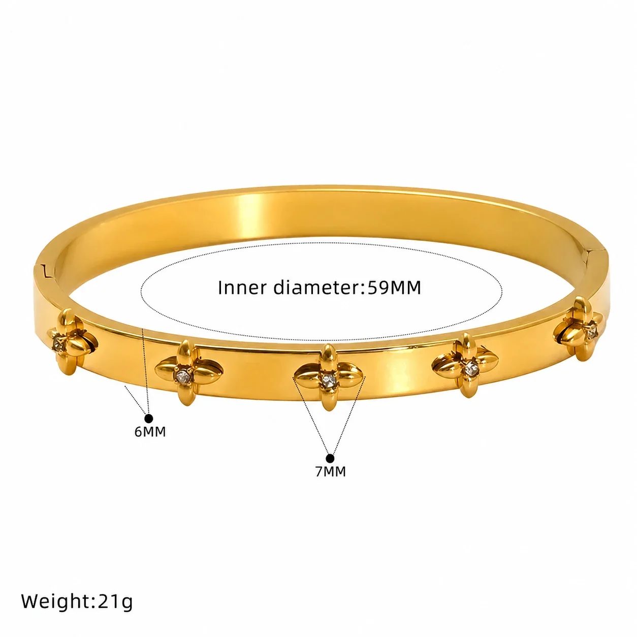Ornate Gold-Plated Stainless Steel Clover Heart Bangle - Gold Clover Inlay